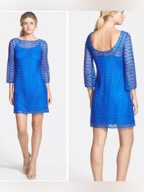 NWT Lilly Pulitzer Topanga Sapphire Blue Wavey Knit Lace Shift Dress